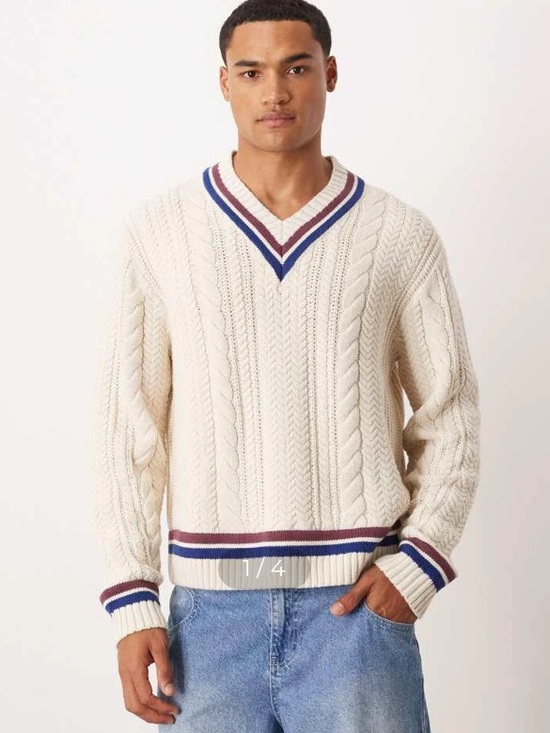 Abercrombie & Fitch Other - Abercrombie Fitch Mens V-Neck Striped Cable Knit Sweater Beige Preppy